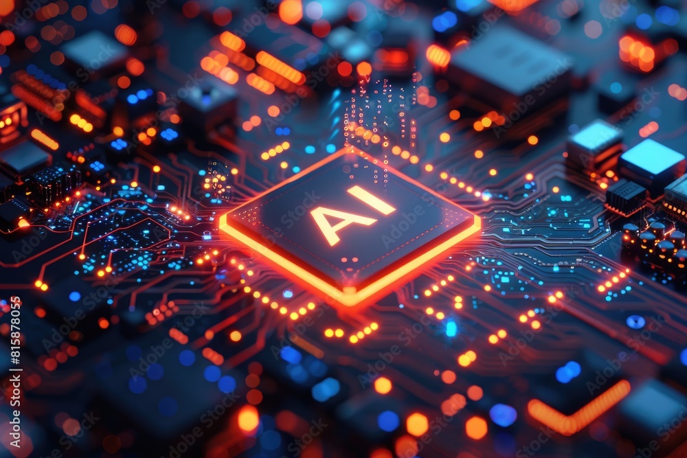 Poster artificial intelligence (ai) concept, abstract ai processor and quantum computer background.