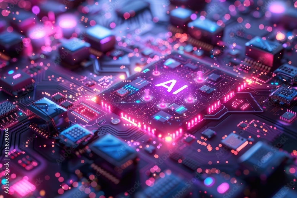 Poster artificial intelligence (ai) concept, abstract ai processor and quantum computer background.