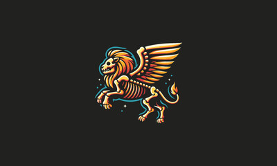 flying lion with wings bone vector flat logo design