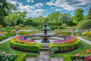 An elegant formal garden with meticulously sculpted hedges, manicured lawns, and a central fountain surrounded by colorful blooms, exuding sophistication and refinement in a harmonious symphony