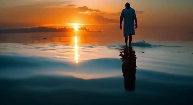 Religious theme of Jesus walking on water in the Bible. Concept Biblical Stories, Christian Faith, Spiritual Symbolism, Miracles of Jesus, Gospel Narratives