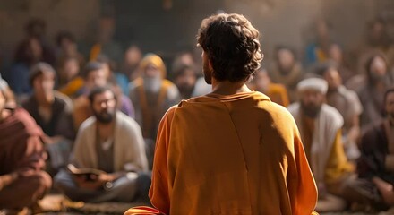 Back view of Jesus teaching disciples or people in biblical setting. Concept Jesus Teaching Disciples, Biblical Scene, Religious Art, Spiritual Illustration