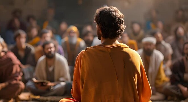 Back view of Jesus teaching disciples or people in biblical setting. Concept Jesus Teaching Disciples, Biblical Scene, Religious Art, Spiritual Illustration