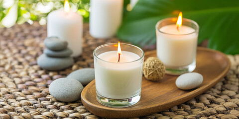 Fototapeta na wymiar Lit scented white candles in health spa for relaxation, with stones and pebbles.