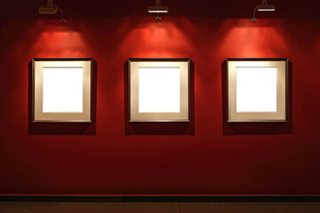 Gallery showcase: three white frames on a red wall, each illuminated by a carefully placed spotlight.