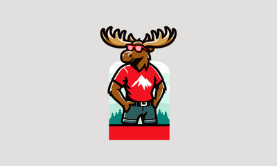 moose wearing sun glass and tshirt red vector logo design