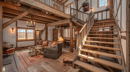 A renovated barn house with a broad wooden staircase leading up to a cozy loft area, with original beams and rustic charm preserved throughout the interior.