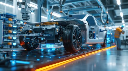 Fototapeta premium An electric vehicle battery unit in a modern industrial factory. EV trends. Production factory.