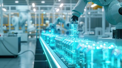Fototapeta premium An electric vehicle battery unit in a modern industrial factory. EV trends. Production factory.