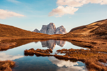 View of the Pelmo mountain on the Lake of Baste, Dolomites, Italy 