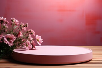 Product display podium with pink floral background.