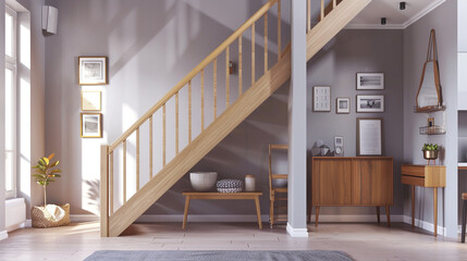A Scandinavian-inspired interior with a simple, functional wooden staircase, clean lines, and a palette of white, gray, and natural wood tones.