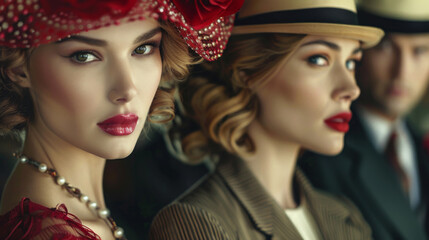 Obraz premium Three women wearing hats and red lipstick pose for a photo