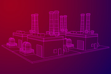 Obraz premium Industrial factory. Plant or Factory Building. Manufacturing building. Wireframe low poly mesh vector illustration.