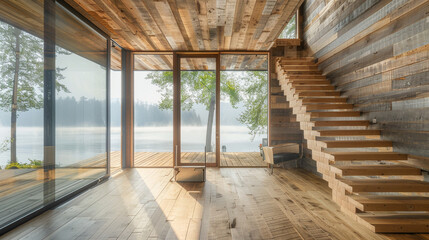 A serene lakeside cabin with a simple wooden staircase, blending seamlessly with walls of reclaimed wood and panoramic views of the lake through floor-to-ceiling glass.