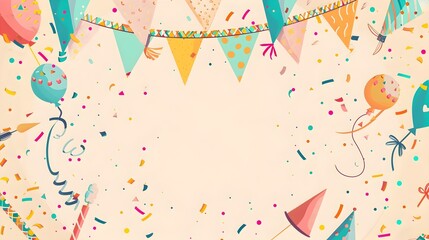 Vibrant Backdrop with Festive Banners Balloons and Confetti Scattered on Colorful Textured Background
