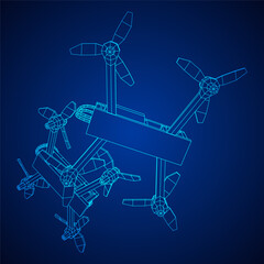 FPV Drone Racing freestyle sport flight. Hobby toys. Wireframe low poly mesh vector illustration.