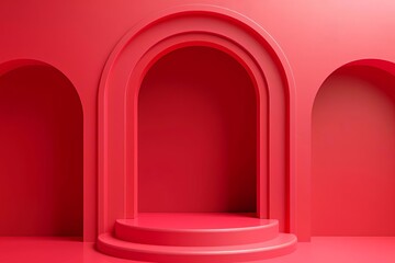 Fototapeta premium Bold red pastel background with a central podium, designed to draw attention to standout products