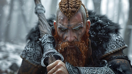 Weathered Barbarian Warrior Wielding Ornate Silver Sword Kneeling Amidst Snowy Forest Backdrop with Discarded Helmet