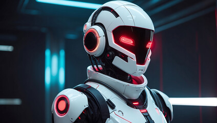 Fototapeta premium A futuristic humanoid robot dressed in sleek white armor with glowing red accents stands in a dimly lit hallway. Its helmet features illuminated red lines resembling eyes, and the background displays 