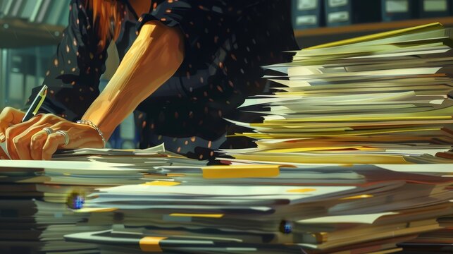 Illustrate a close-up of a businesswoman's hands marking papers in towering stacks of files, portrait, dynamic, Blend mode, highlighting focus and efficiency