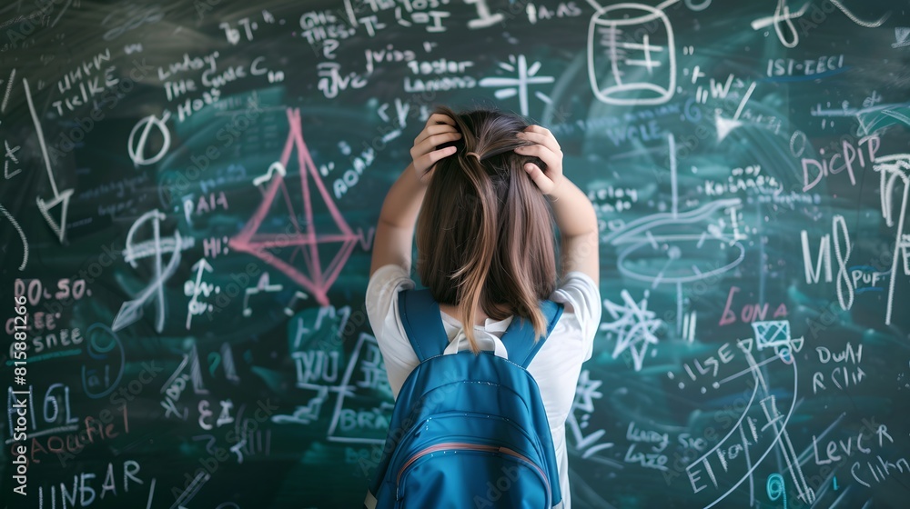 Poster frustrated student overwhelmed with complex math problems on chalkboard. concept of academic challen