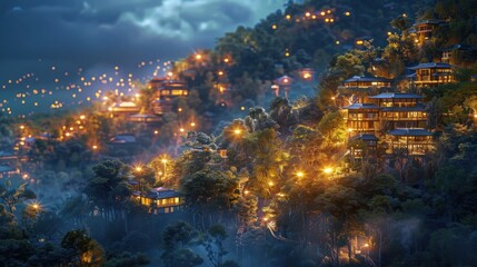 Vibrant Hillside Village Aglow with Colorful Lights Amidst Natural Surroundings