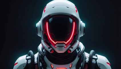 A futuristic humanoid robot dressed in sleek white armor with glowing red accents stands in a dimly lit hallway. Its helmet features illuminated red lines resembling eyes, and the background displays 