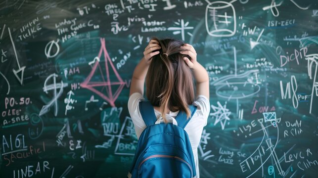 Frustrated Student Overwhelmed with Complex Math Problems on Chalkboard. Concept of Academic Challenge and Learning Process. Casual and Authentic Style. AI