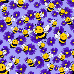 Seamless Pattern with Bees and Purple Flowers. Kids Room Design