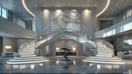 Grand foyer with a double staircase and a large contemporary art piece.