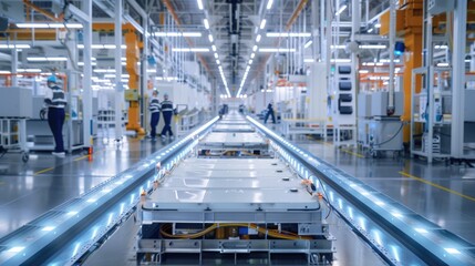 Fototapeta premium An electric vehicle battery unit in a modern industrial factory. EV trends. Production factory.