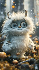 Whimsical and Enchanting Cartoon Yeti in a Magical Forest Setting with Glowing Mushrooms