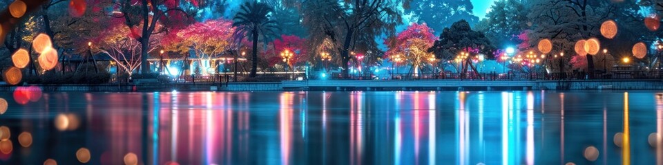 Vibrant Lakeside Park at Dusk with Enchanting Lights and Reflections