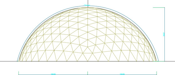 Vector illustration sketch of technical drawing for the construction of a semi-circular dome with a steel frame