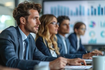 Young Businessteam corporate meeting to discuss strategy with statistic graph on display, Market strategy.