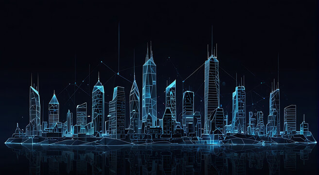 Abstract Smart city or network with Low poly wireframe holograms. Isolated on a dark blue background. digital points and lines. Wireless smart city or network

