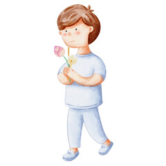 Man walk with lighted candles in hand around a temple watercolor illustertion for card website, application, printing, document, poster design, etc.