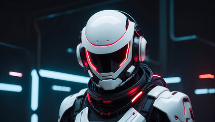 Fototapeta premium A futuristic humanoid robot dressed in sleek white armor with glowing red accents stands in a dimly lit hallway. Its helmet features illuminated red lines resembling eyes, and the background displays 