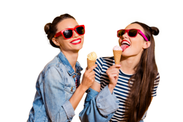 Two brunette hair lady isolated on yellow vivid background in glasses spectacles make beaming white toothy smile eating sugar tasty appetiser snack