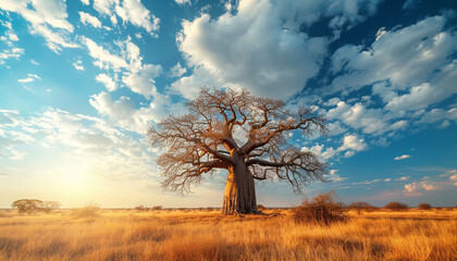 A high-resolution photograph the sprawling branches of an ancient baobab tree, standing tall in an African savanna under a vast sky