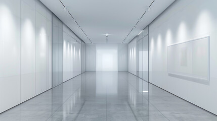 Obraz premium Minimalist art gallery portrayed in hyperrealistic detail, with a single spotlight on white walls.