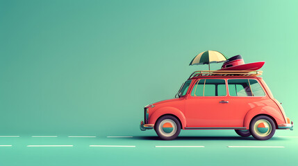 a car with summer vacation accessories on top, green minimal background, concept space for a banner design in the style of copy space, summer travel and holiday advertising concept, 3d render style