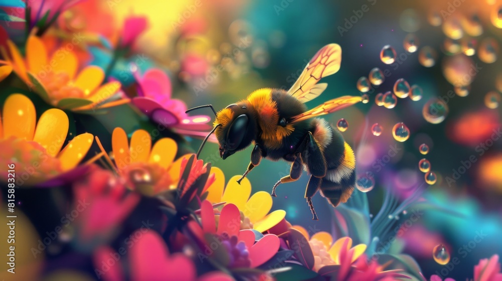 Poster A bee hovering above a cluster of colorful flowers, poised to dive in and gather precious nectar.