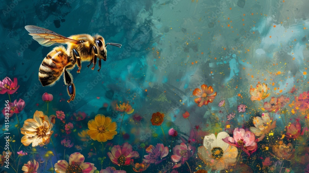 Poster a bee hovering above a cluster of colorful flowers, poised to dive in and gather precious nectar.