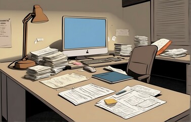 Illustration of an office desk with a computer and a lot of documents