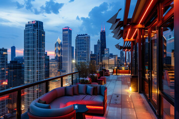 Obraz premium A city rooftop bar with panoramic skyline views, sleek modern decor, and handcrafted cocktails, offering a stylish and sophisticated ambiance for guests to unwind and enjoy.