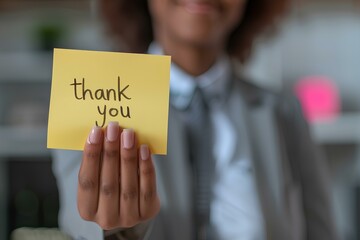 Close-up of a businesswoman extending a post-it note with the phrase "thank you" written on it, her hand offering the message with a warm smile, fostering a culture of appreciation in the workplace.