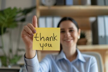 Close-up of a businesswoman extending a post-it note with the phrase "thank you" written on it, her hand offering the message with a warm smile, fostering a culture of appreciation in the workplace.