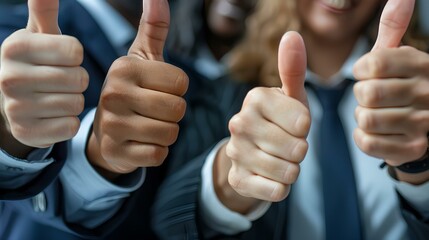 Close-up of a diverse team of colleagues in business attire, giving thumbs up gestures with genuine smiles, symbolizing endorsement and appreciation for a successful project.